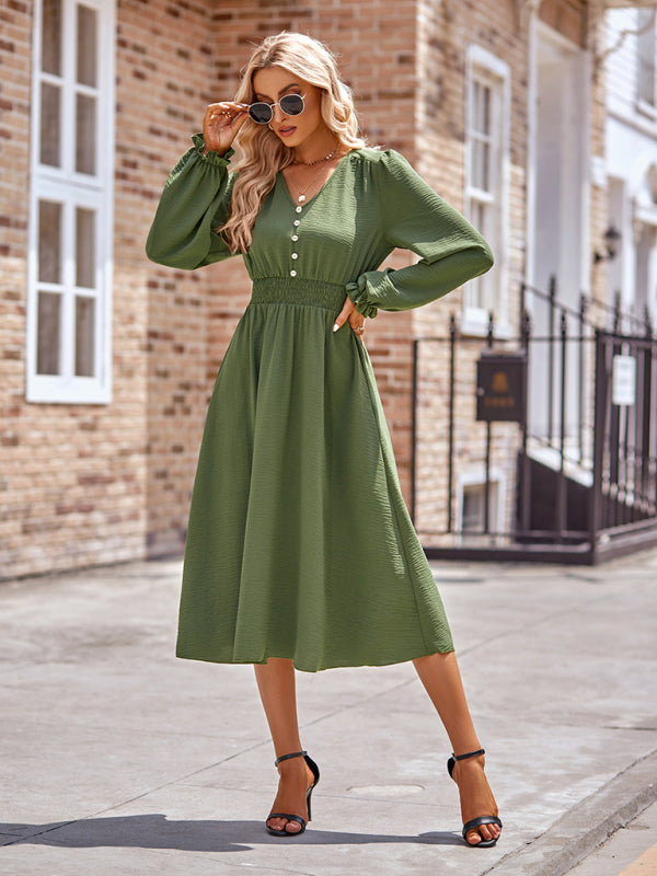 Elegant V-Neck Mid-Length Dress – Four-Season Woven Style in Solid Colors