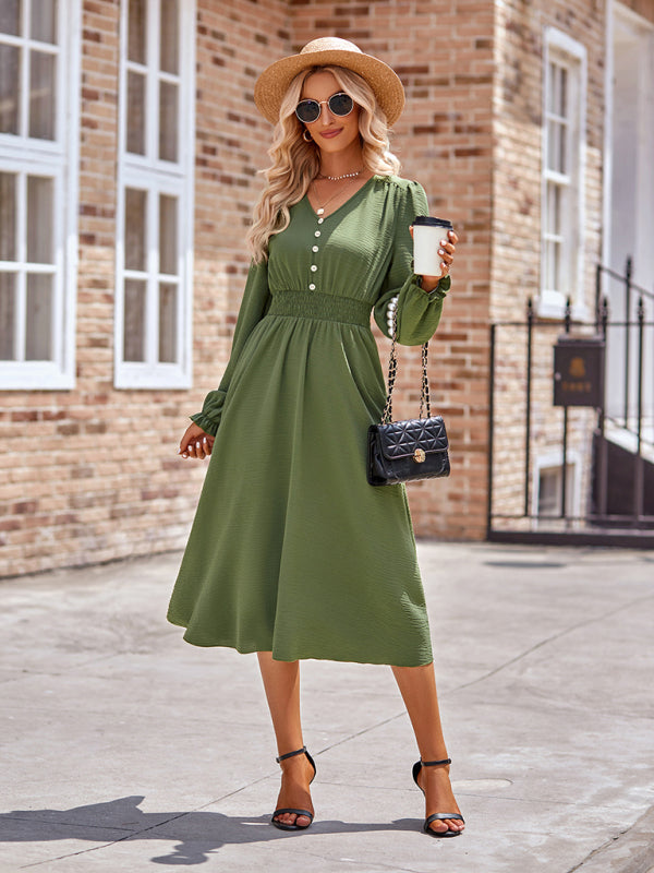 Elegant V-Neck Mid-Length Dress – Four-Season Woven Style in Solid Colors