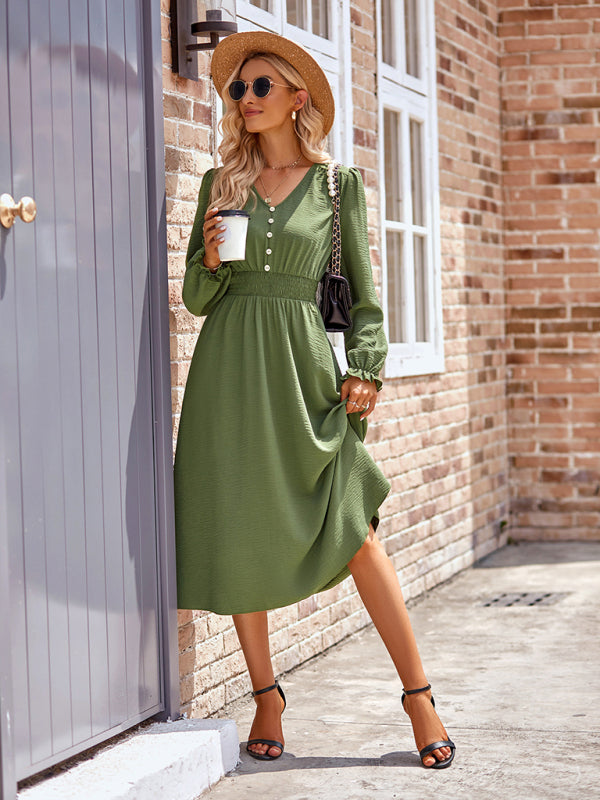 Elegant V-Neck Mid-Length Dress – Four-Season Woven Style in Solid Colors