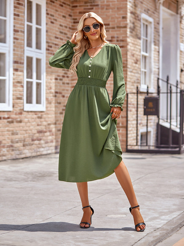 Elegant V-Neck Mid-Length Dress – Four-Season Woven Style in Solid Colors
