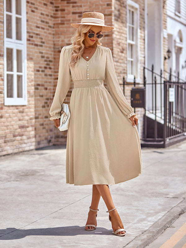 Elegant V-Neck Mid-Length Dress – Four-Season Woven Style in Solid Colors