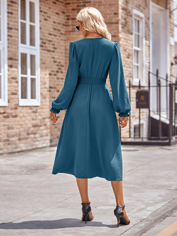 Elegant V-Neck Mid-Length Dress – Four-Season Woven Style in Solid Colors