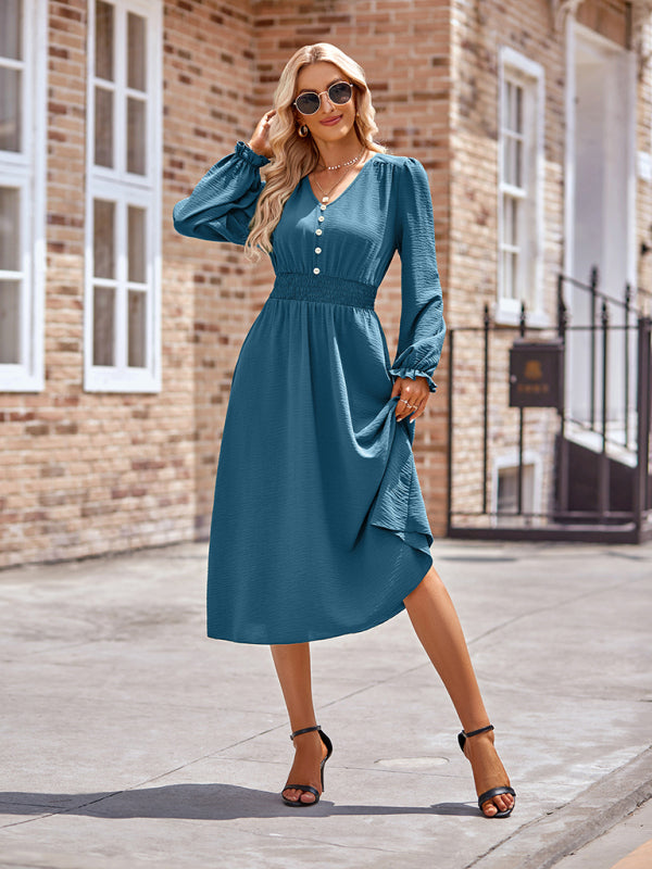 Elegant V-Neck Mid-Length Dress – Four-Season Woven Style in Solid Colors