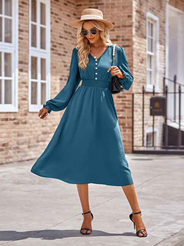 Elegant V-Neck Mid-Length Dress – Four-Season Woven Style in Solid Colors