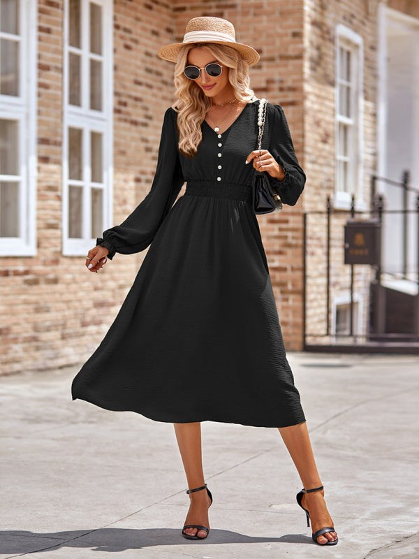 Elegant V-Neck Mid-Length Dress – Four-Season Woven Style in Solid Colors