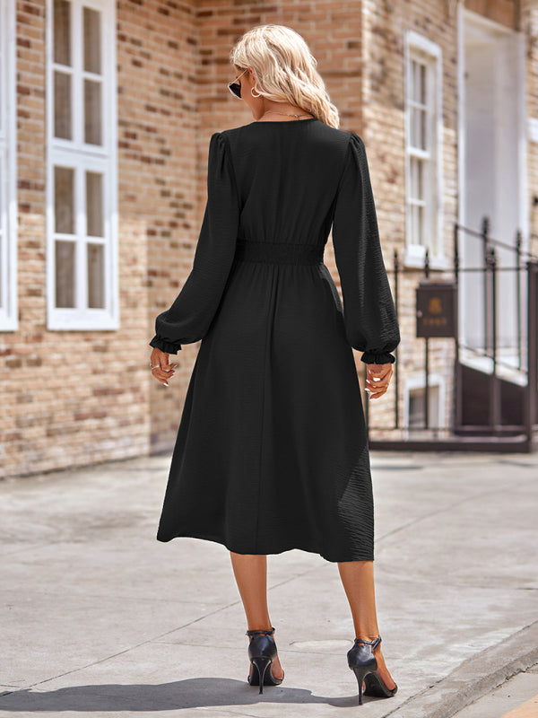 Elegant V-Neck Mid-Length Dress – Four-Season Woven Style in Solid Colors