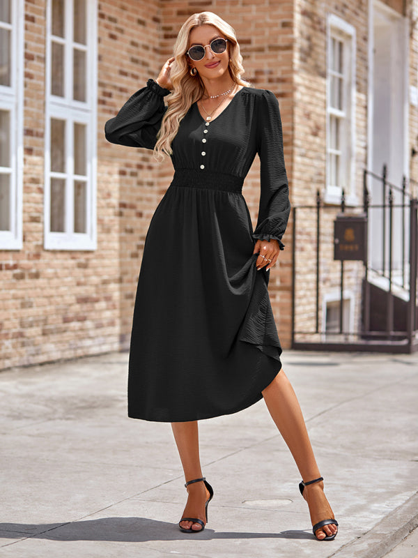 Elegant V-Neck Mid-Length Dress – Four-Season Woven Style in Solid Colors