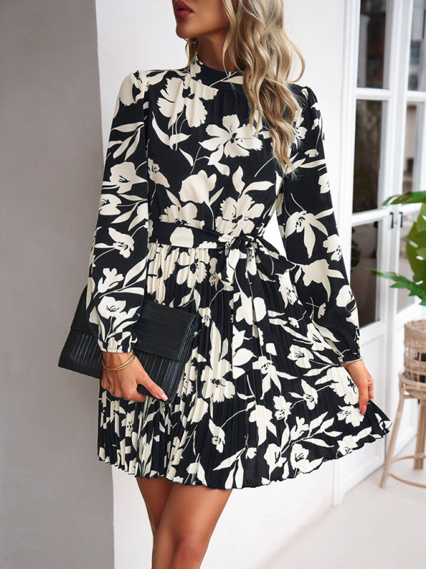 Elegant Pleated Midi Dress – Long Sleeves, Round Neck, Woven Polyester