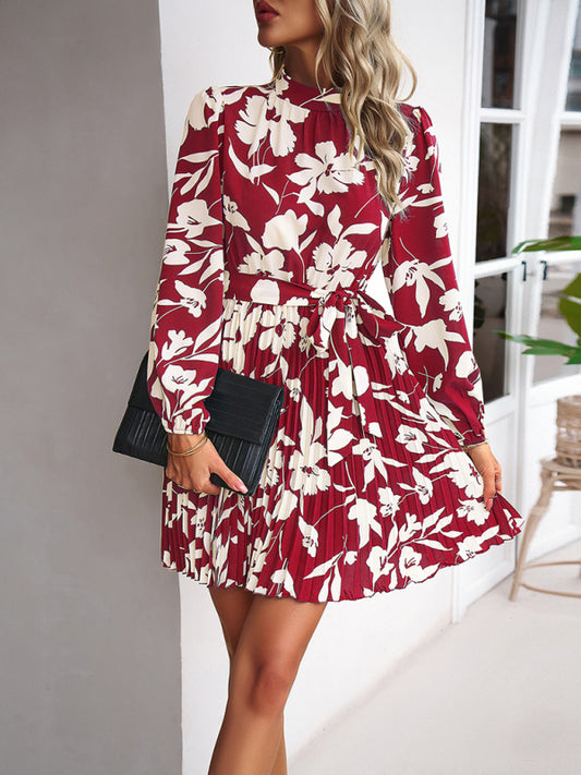 Elegant Pleated Midi Dress – Long Sleeves, Round Neck, Woven Polyester