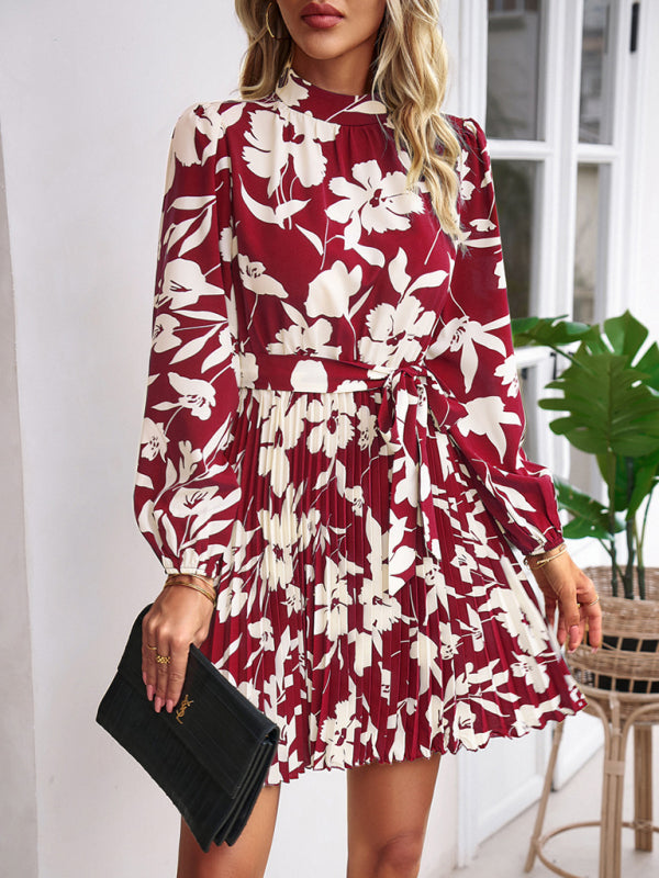 Elegant Pleated Midi Dress – Long Sleeves, Round Neck, Woven Polyester