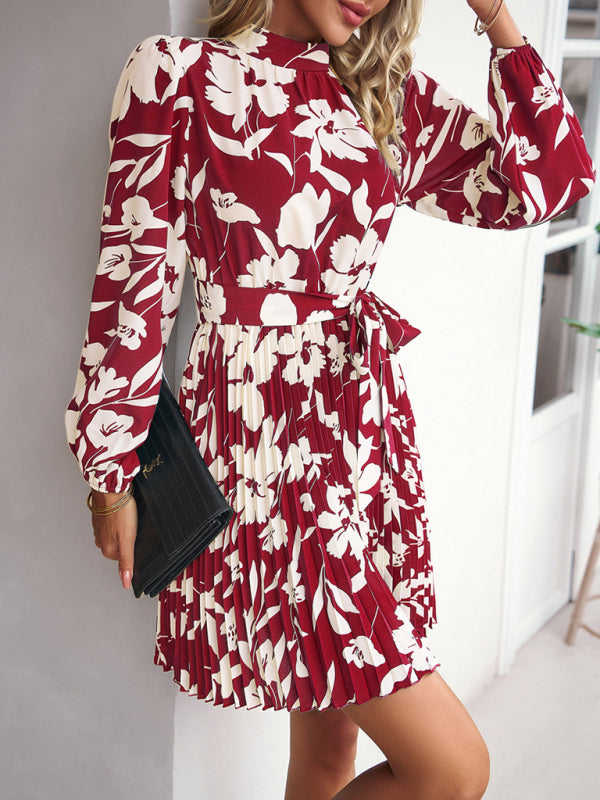 Elegant Pleated Midi Dress – Long Sleeves, Round Neck, Woven Polyester