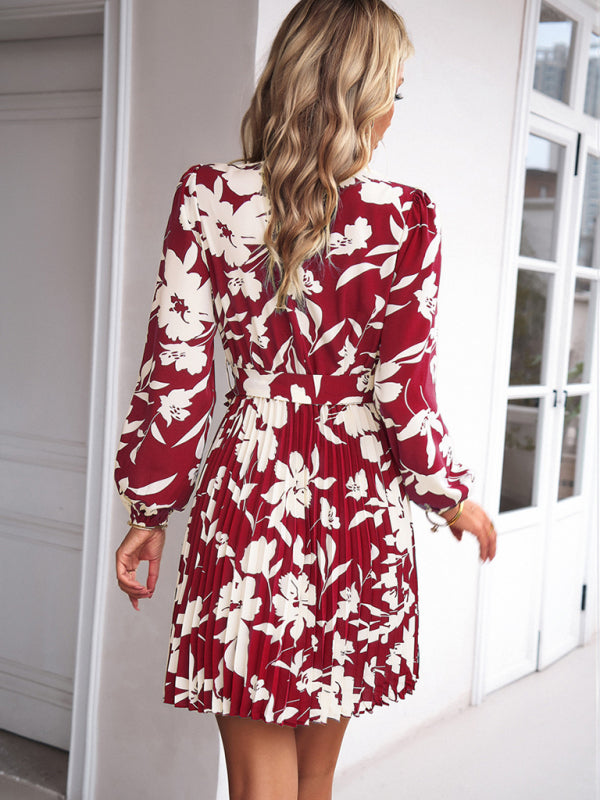 Elegant Pleated Midi Dress – Long Sleeves, Round Neck, Woven Polyester
