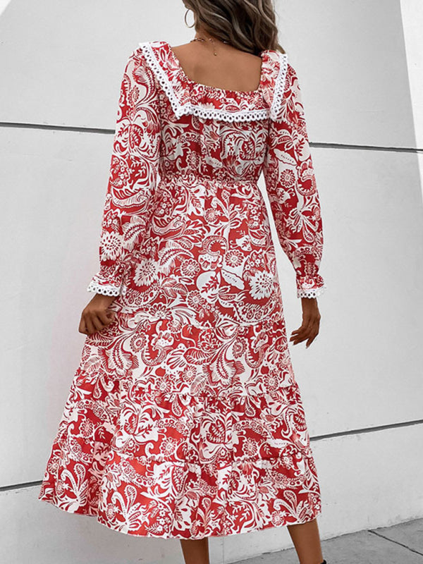 Boho Print Flowing Midi Dress – Lightweight Long Sleeve Vacation Look