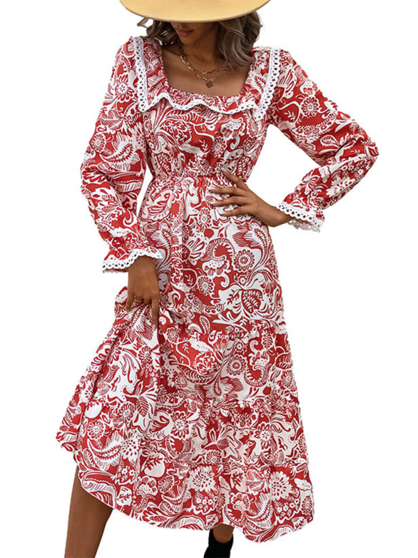 Boho Print Flowing Midi Dress – Lightweight Long Sleeve Vacation Look