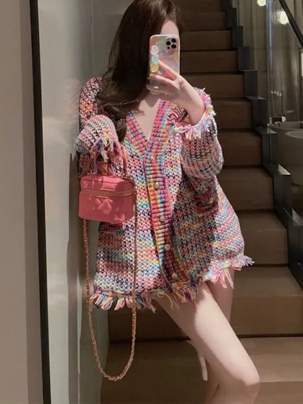 Fringed Knit Cardigan Sweater Jacket Pink F