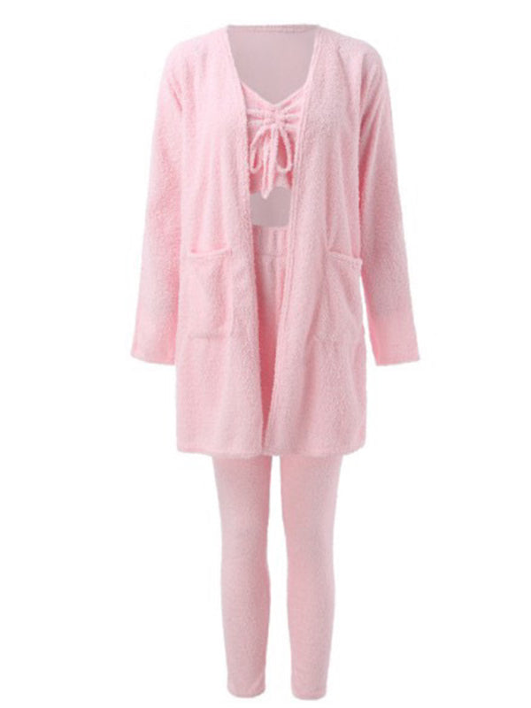 3-Piece Plush Camisole, Jacket & Trousers Lounge Set – Soft Woven Leisurewear