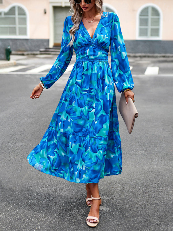 Printed V-Neck Long-Sleeve Maxi Dress – Resort Casual for Spring & Summer
