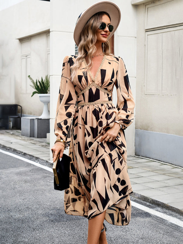 Printed V-Neck Long-Sleeve Maxi Dress – Resort Casual for Spring & Summer