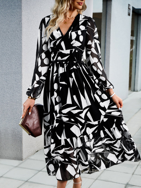 Printed V-Neck Long-Sleeve Maxi Dress – Resort Casual for Spring & Summer