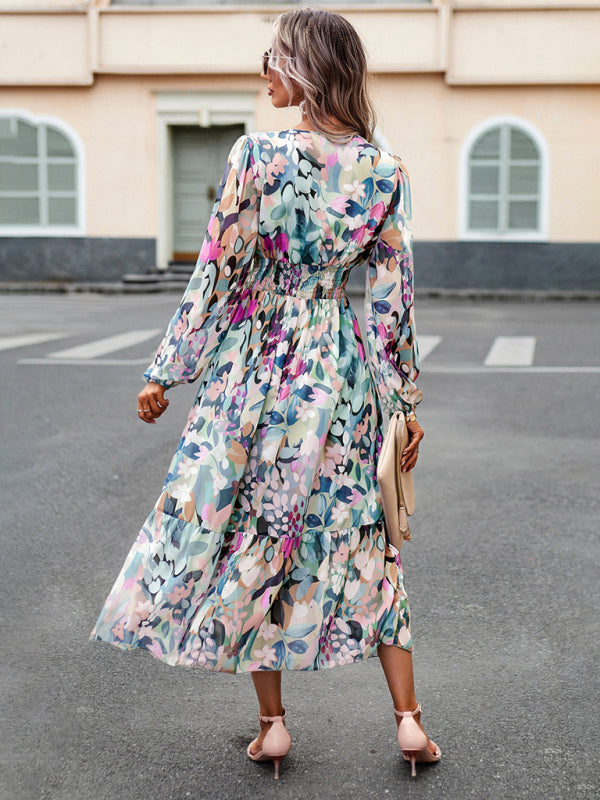 Printed V-Neck Long-Sleeve Maxi Dress – Resort Casual for Spring & Summer