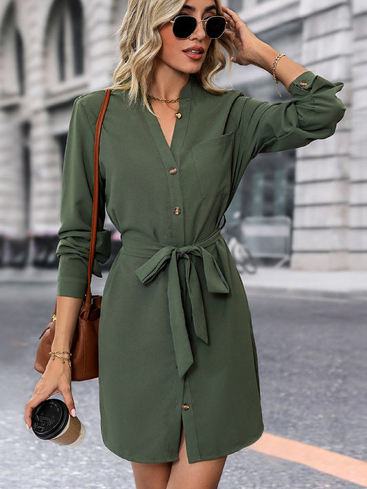 Solid Color Long-Sleeve Midi Dress – Casual Leisure Style, Olive Green