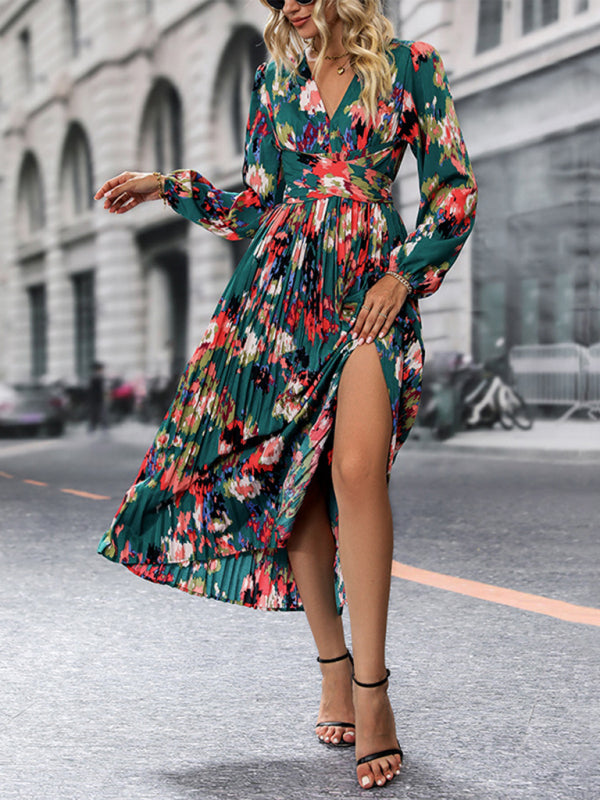 Printed Long-Sleeve Maxi Dress – Elegant Woven Design for All Seasons