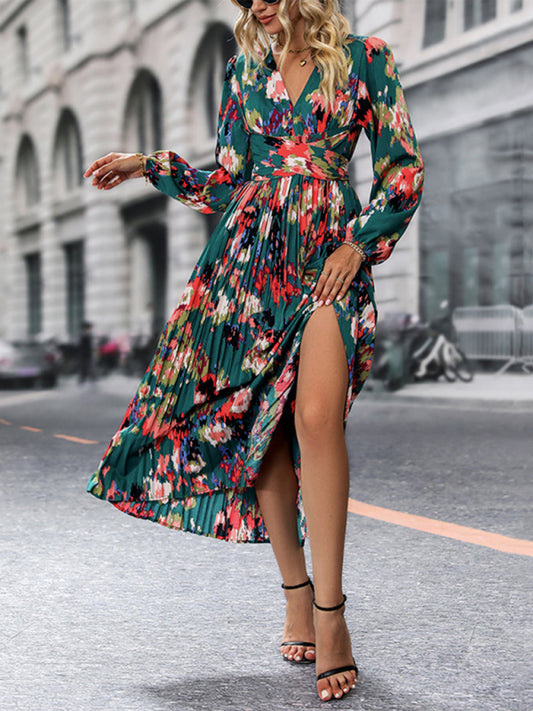 Printed Long-Sleeve Maxi Dress – Elegant Woven Design for All Seasons