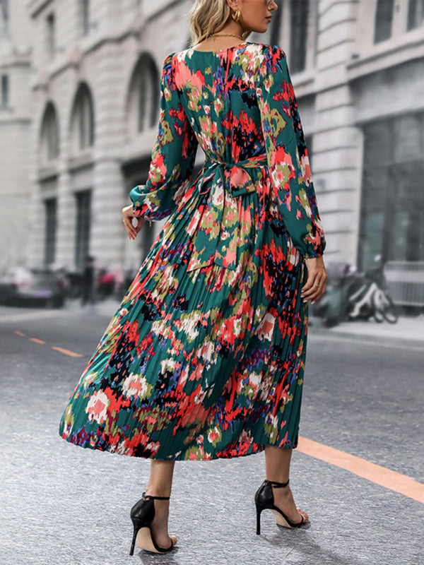 Printed Long-Sleeve Maxi Dress – Elegant Woven Design for All Seasons