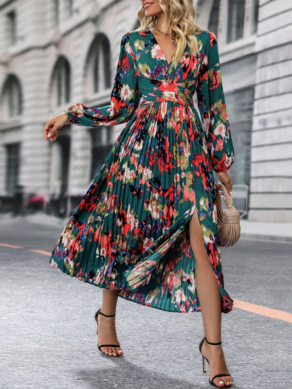 Printed Long-Sleeve Maxi Dress – Elegant Woven Design for All Seasons