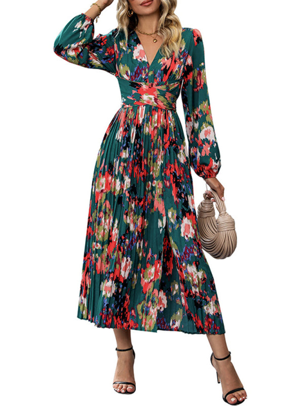 Printed Long-Sleeve Maxi Dress – Elegant Woven Design for All Seasons