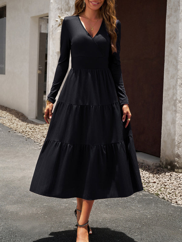 Elegant V-Neck Long Sleeve Maxi Dress – Women's Autumn Woven Dress