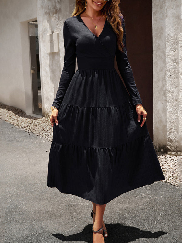 Elegant V-Neck Long Sleeve Maxi Dress – Women's Autumn Woven Dress