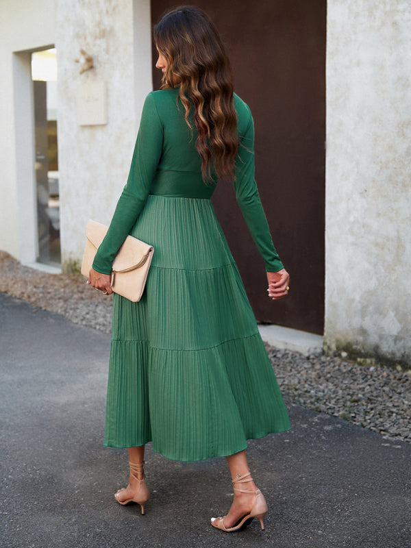 Elegant V-Neck Long Sleeve Maxi Dress – Women's Autumn Woven Dress