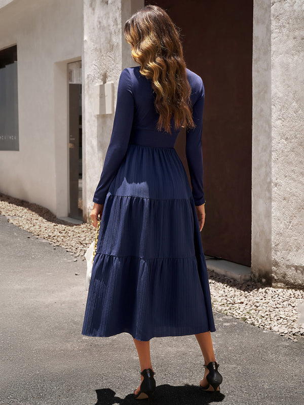 Elegant V-Neck Long Sleeve Maxi Dress – Women's Autumn Woven Dress