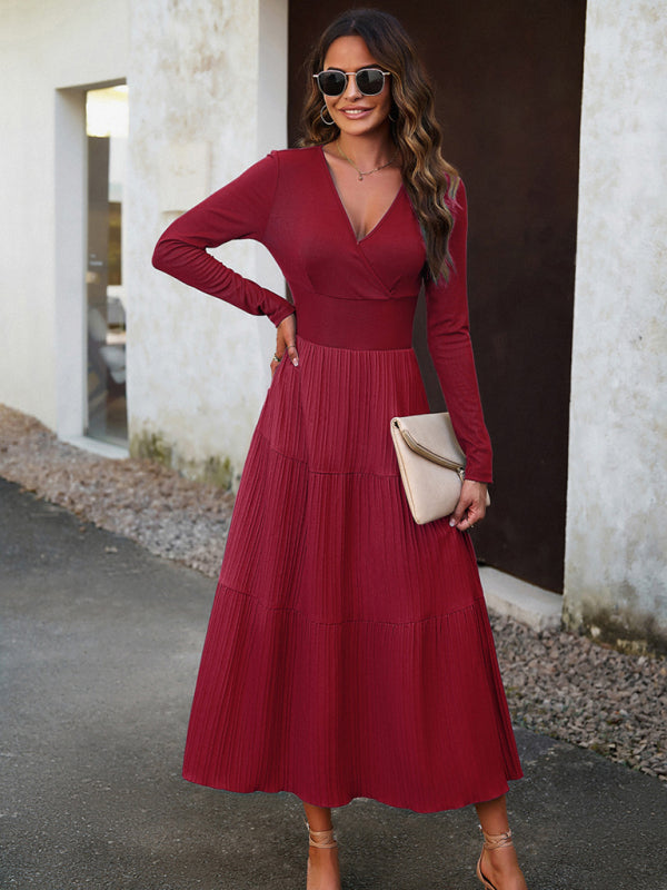 Elegant V-Neck Long Sleeve Maxi Dress – Women's Autumn Woven Dress