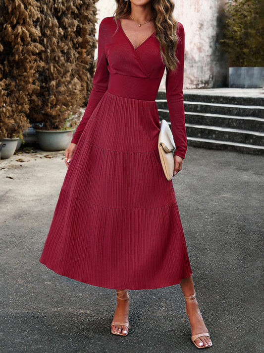 Elegant V-Neck Long Sleeve Maxi Dress – Women's Autumn Woven Dress