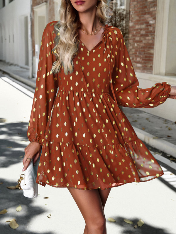 Chiffon V-Neck Long Sleeve Dress – Elegant Autumn Commuter Style