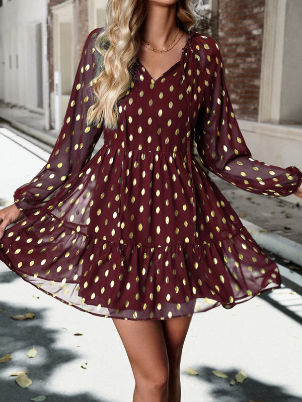Chiffon V-Neck Long Sleeve Dress – Elegant Autumn Commuter Style
