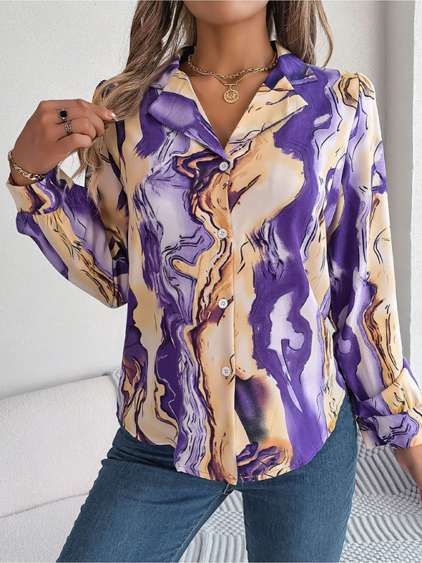 Women's Striped Suit Collar Long Sleeve Shirt