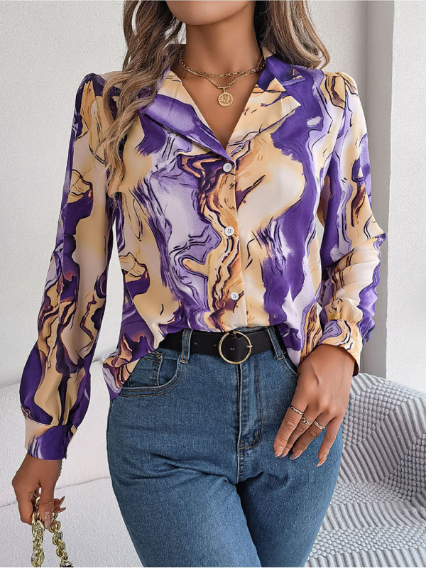 Women's Striped Suit Collar Long Sleeve Shirt