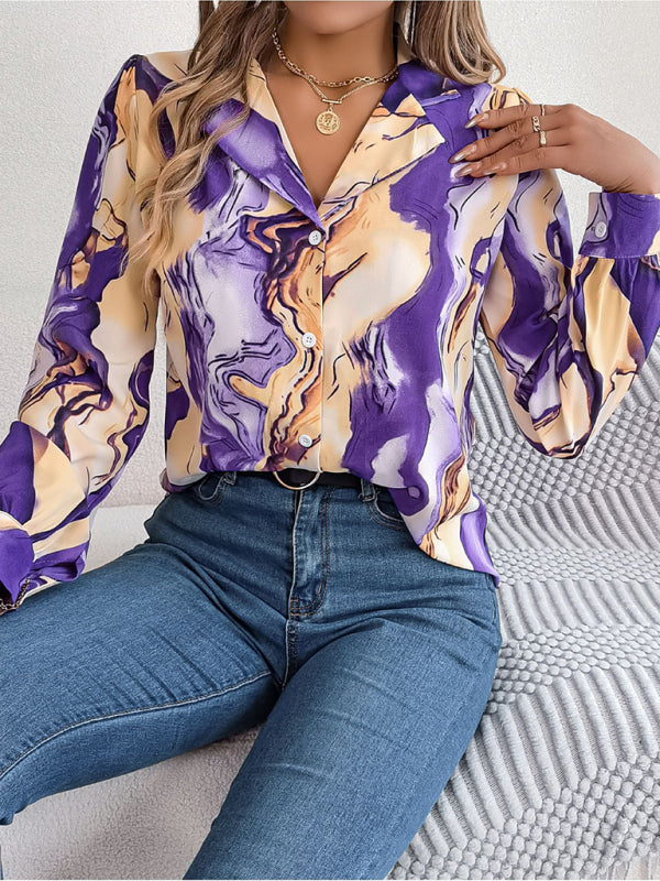 Women's Striped Suit Collar Long Sleeve Shirt