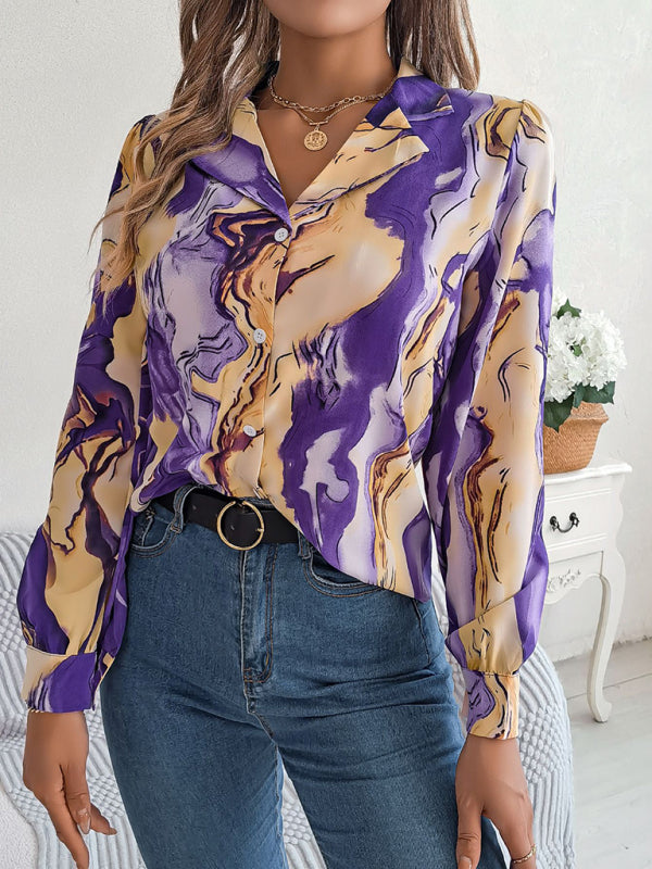 Women's Striped Suit Collar Long Sleeve Shirt