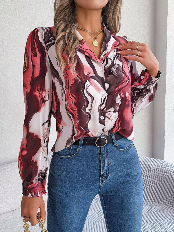 Women's Striped Suit Collar Long Sleeve Shirt