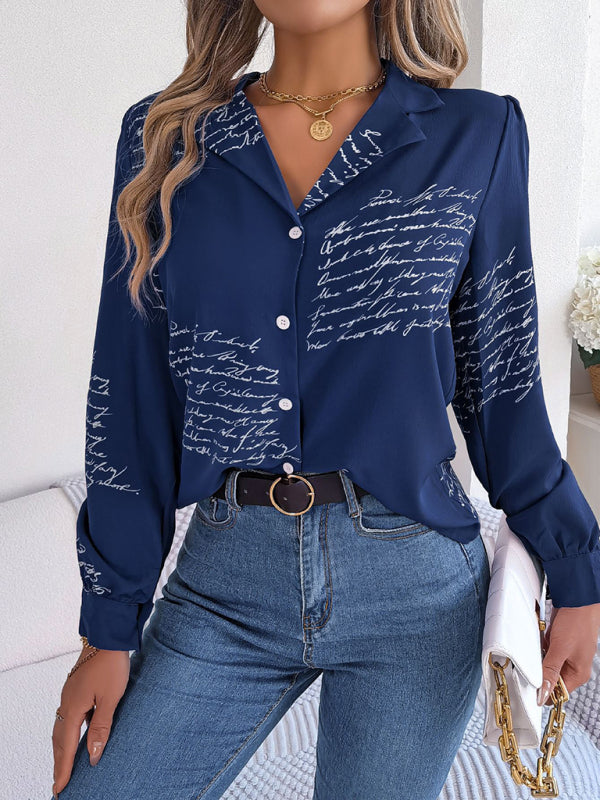 Women's Letter Print Blazer Collar Shirt