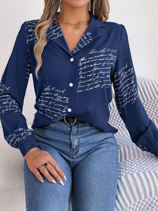 Women's Letter Print Blazer Collar Shirt