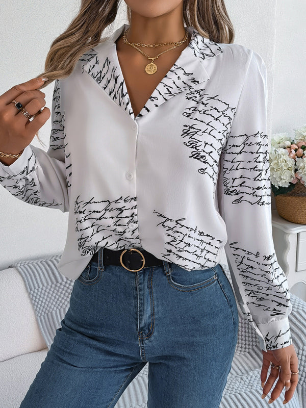 Women's Letter Print Blazer Collar Shirt