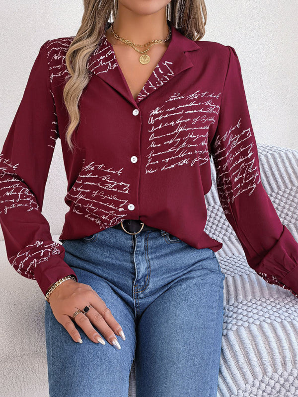 Women's Letter Print Blazer Collar Shirt