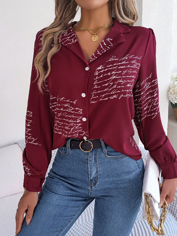 Women's Letter Print Blazer Collar Shirt