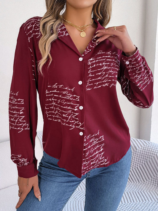 Women's Letter Print Blazer Collar Shirt