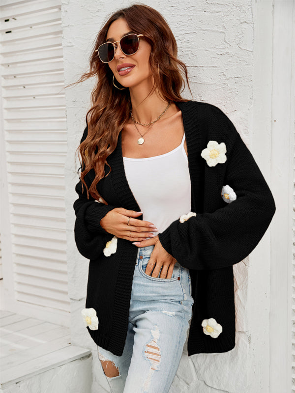 Floral Knit Cardigan with Lantern Sleeves